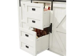 Aparador alto de cocina con puertas correderas, 2 cajones e iluminación LED - Tapa de madera oscura - Blanco