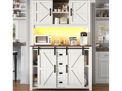 Aparador alto de cocina con puertas correderas, 2 cajones e iluminación LED - Tapa de madera oscura - Blanco