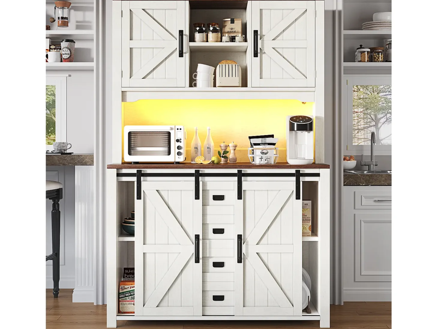 Aparador alto de cocina con puertas correderas, 2 cajones e iluminación LED - Tapa de madera oscura - Blanco