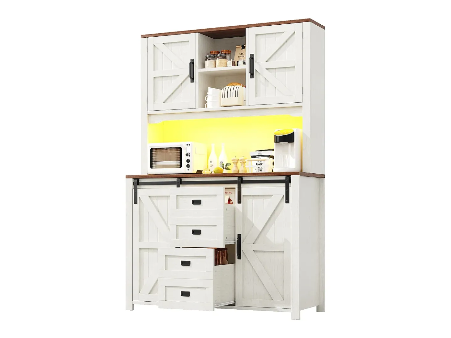 Aparador alto de cocina con puertas correderas, 2 cajones e iluminación LED - Tapa de madera oscura - Blanco