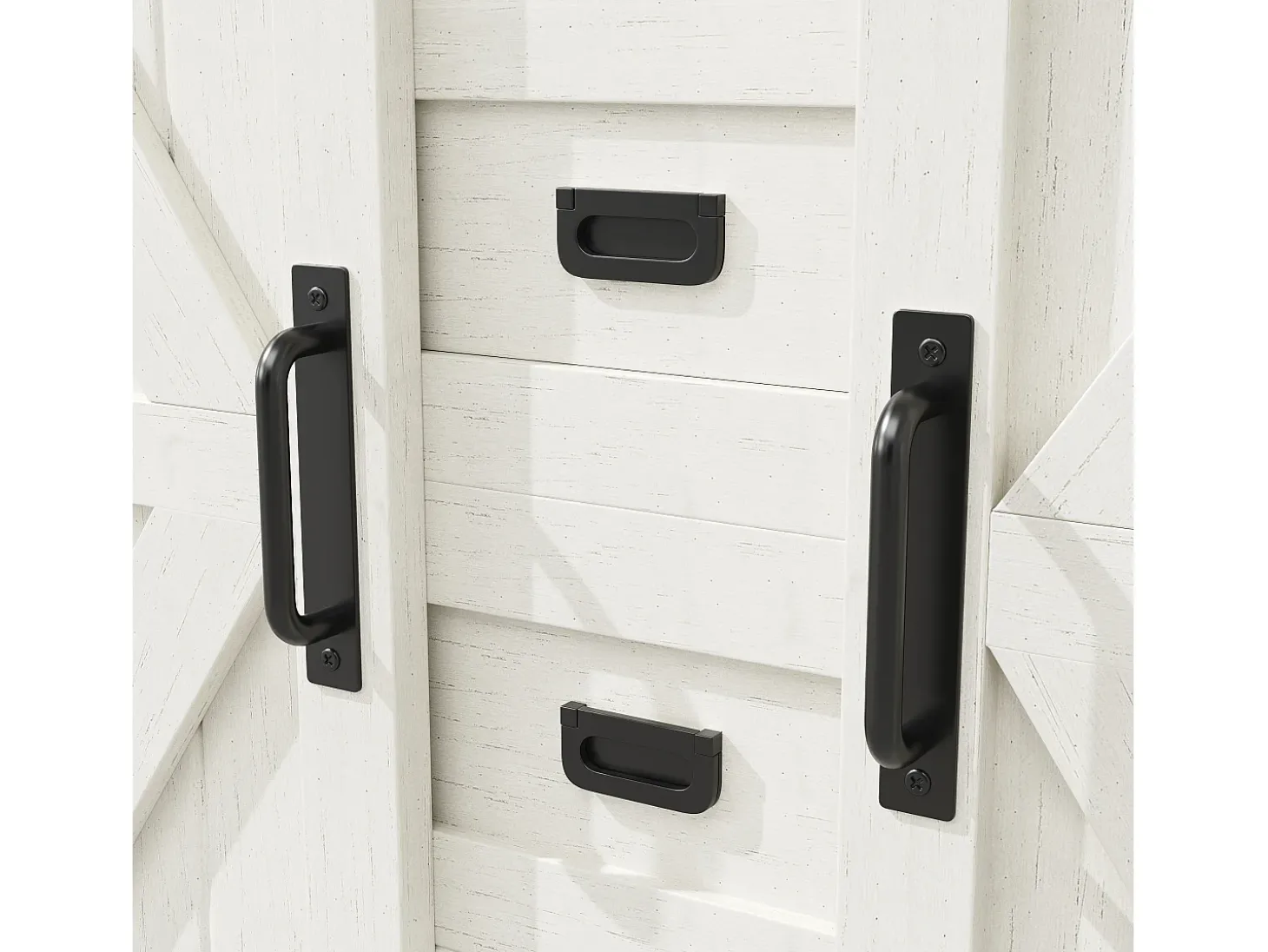 Aparador alto de cocina con puertas correderas, 2 cajones e iluminación LED - Tapa de madera oscura - Blanco