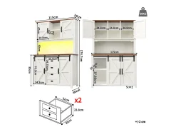 Aparador alto de cocina con puertas correderas, 2 cajones e iluminación LED - Tapa de madera oscura - Blanco