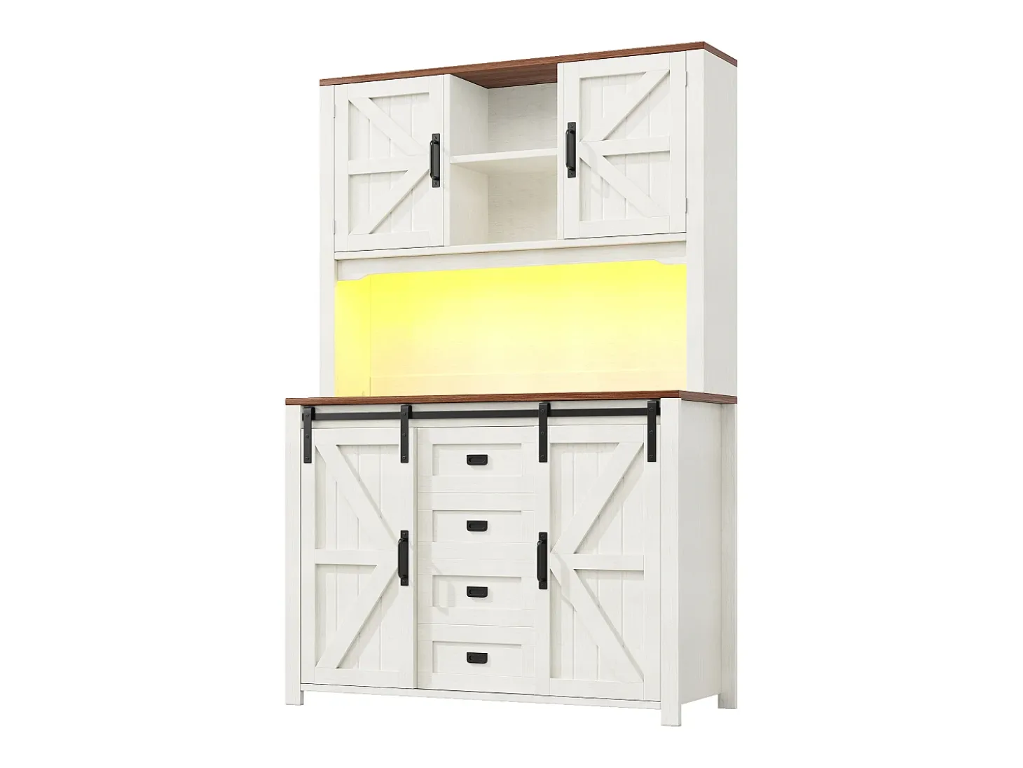 Aparador alto de cocina con puertas correderas, 2 cajones e iluminación LED - Tapa de madera oscura - Blanco