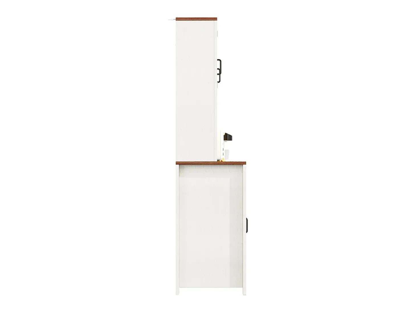 Aparador alto de cocina con puertas correderas, 2 cajones e iluminación LED - Tapa de madera oscura - Blanco