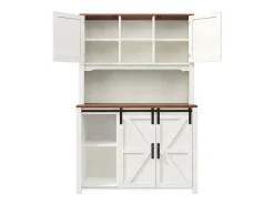 Aparador alto de cocina con puertas correderas, 2 cajones e iluminación LED - Tapa de madera oscura - Blanco