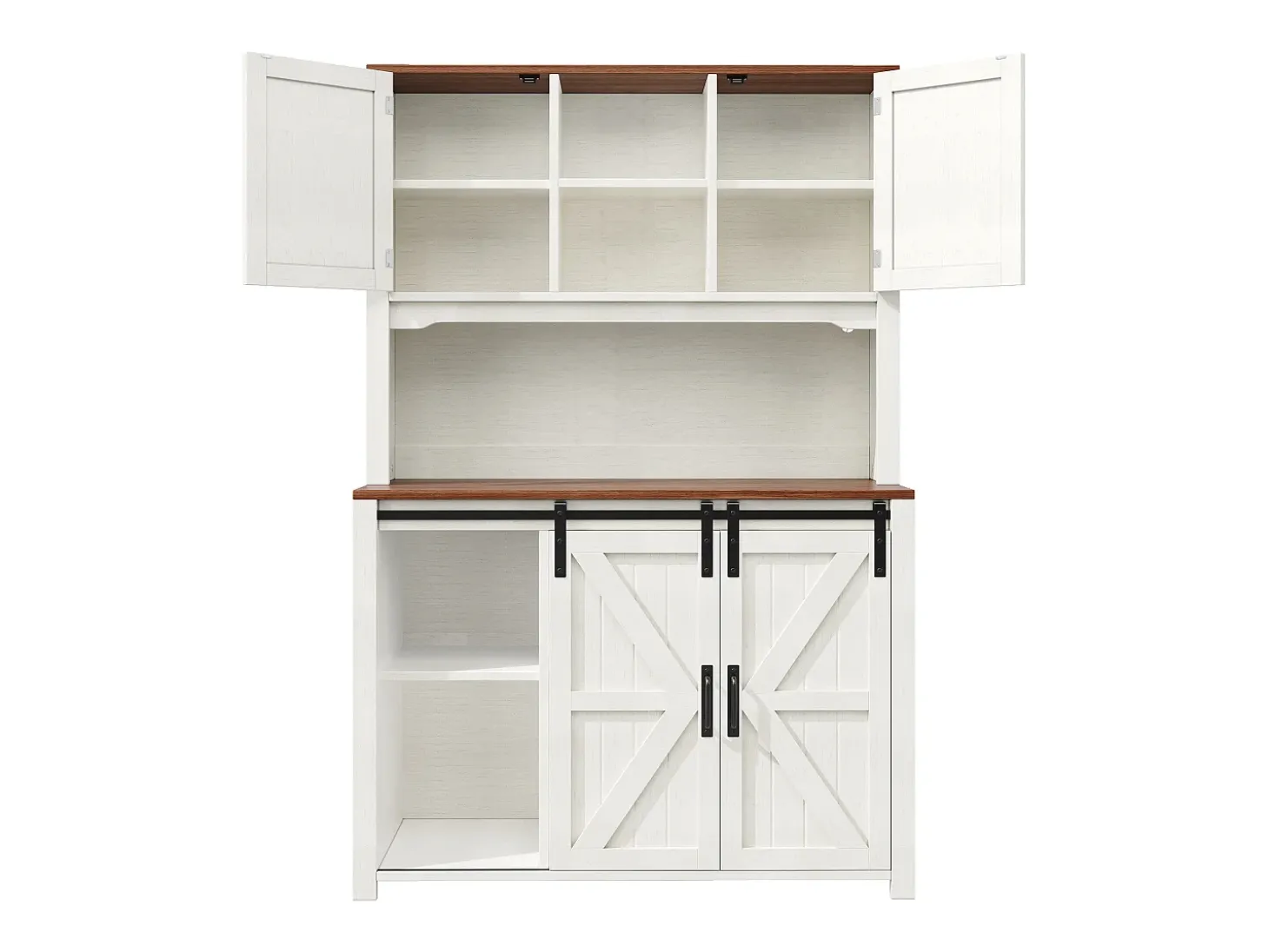 Aparador alto de cocina con puertas correderas, 2 cajones e iluminación LED - Tapa de madera oscura - Blanco