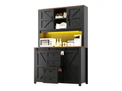 Aparador alto de cocina con puertas correderas, 2 cajones e iluminación LED - Tapa de madera oscura - Negro