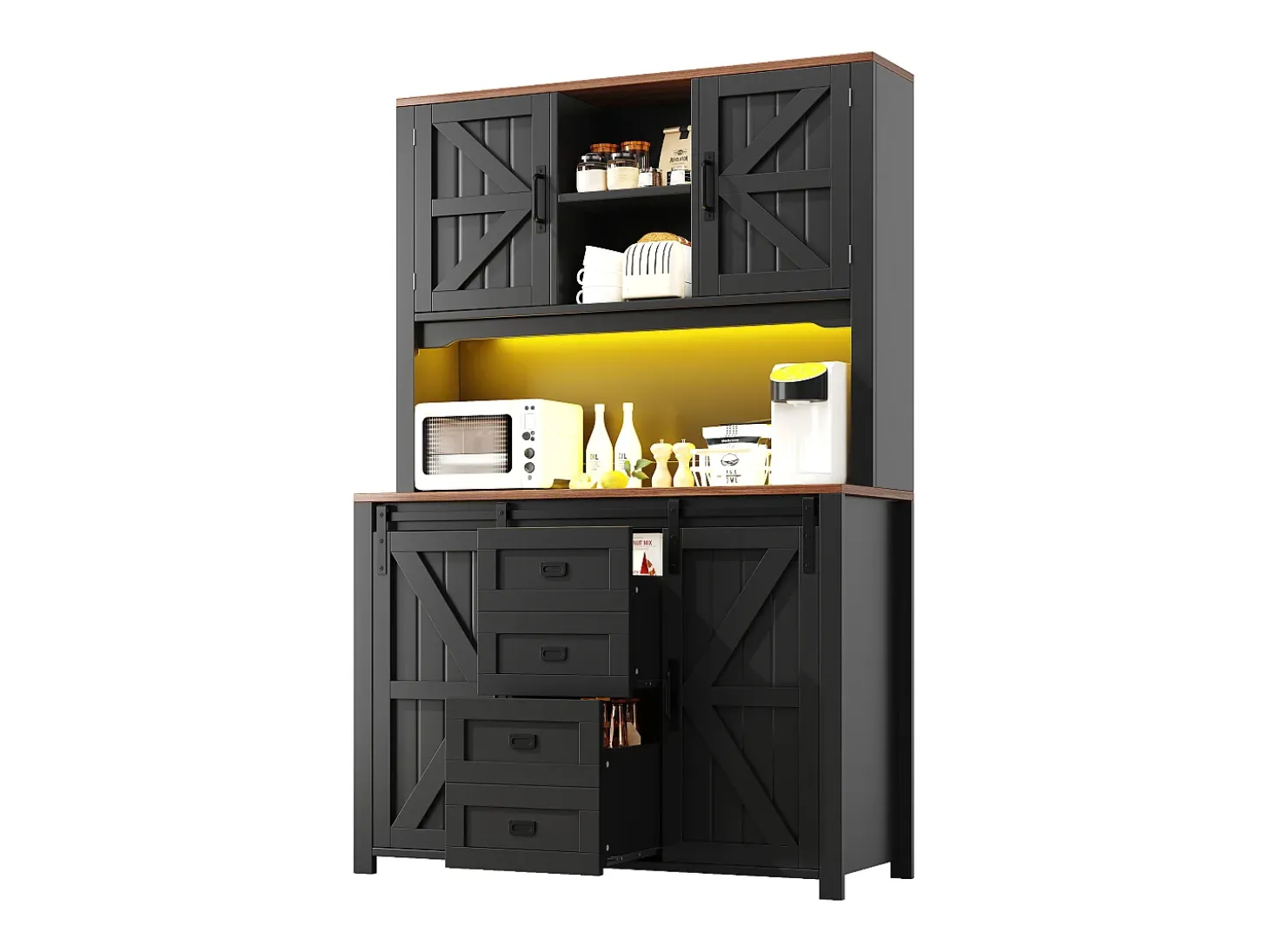 Aparador alto de cocina con puertas correderas, 2 cajones e iluminación LED - Tapa de madera oscura - Negro