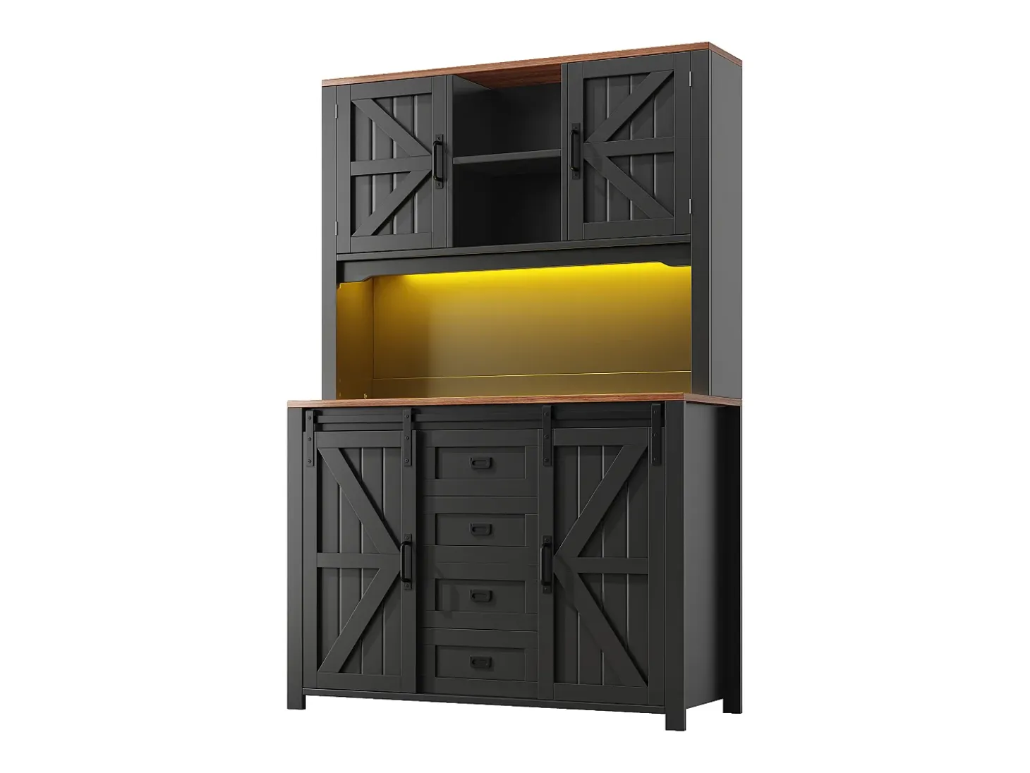 Aparador alto de cocina con puertas correderas, 2 cajones e iluminación LED - Tapa de madera oscura - Negro