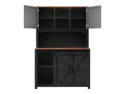 Aparador alto de cocina con puertas correderas, 2 cajones e iluminación LED - Tapa de madera oscura - Negro