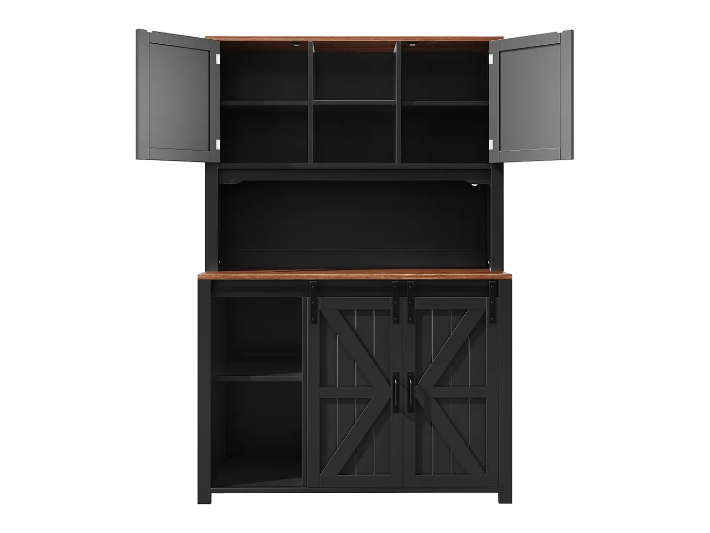 Aparador alto de cocina con puertas correderas, 2 cajones e iluminación LED - Tapa de madera oscura - Negro