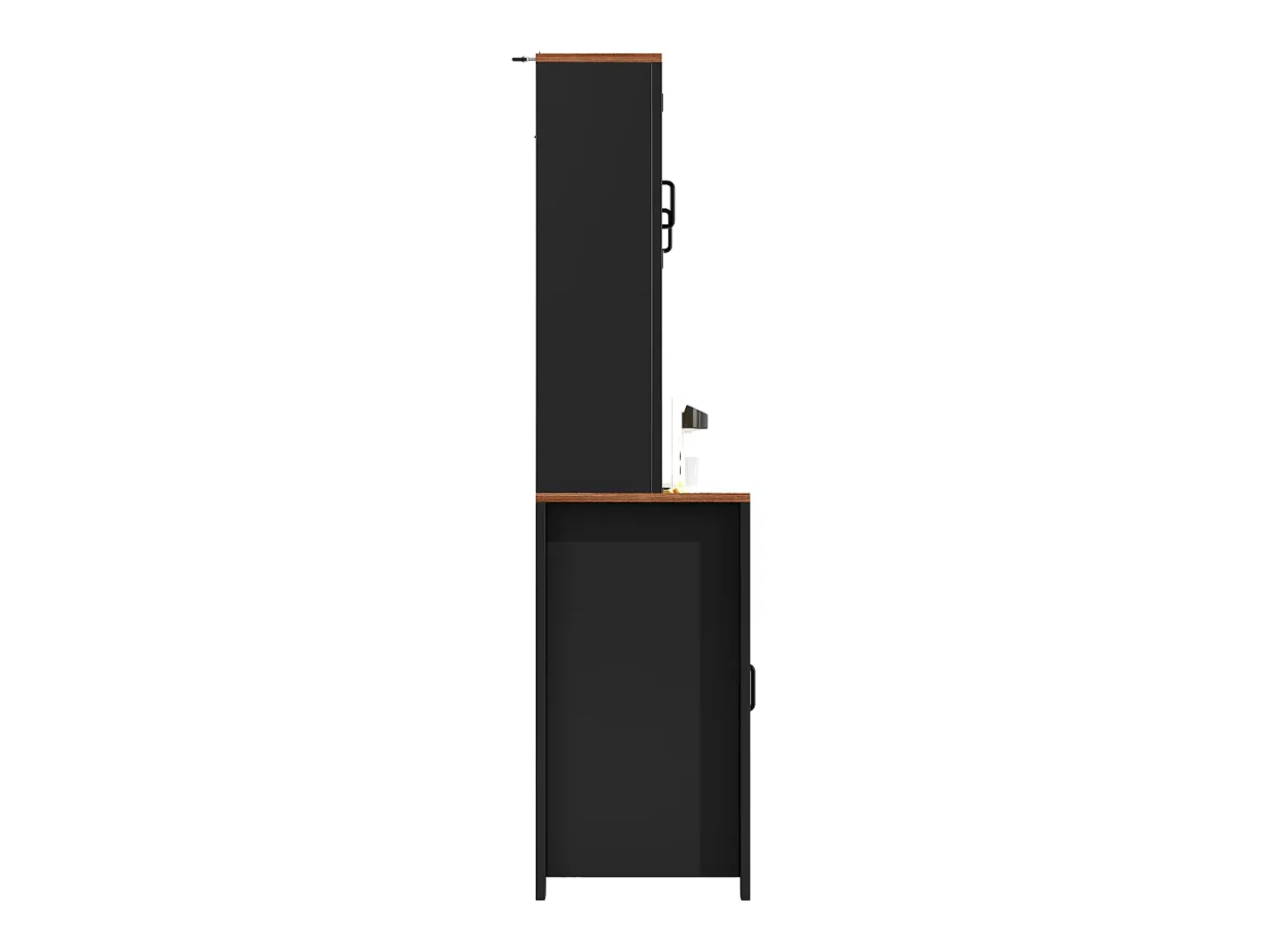 Aparador alto de cocina con puertas correderas, 2 cajones e iluminación LED - Tapa de madera oscura - Negro