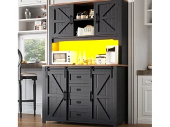 Aparador alto de cocina con puertas correderas, 2 cajones e iluminación LED - Tapa de madera oscura - Negro