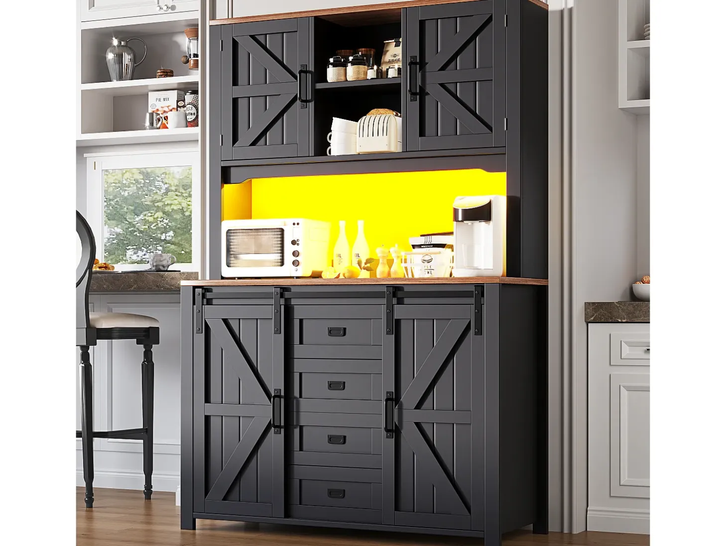 Aparador alto de cocina con puertas correderas, 2 cajones e iluminación LED - Tapa de madera oscura - Negro