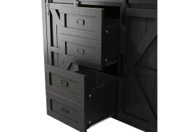 Aparador alto de cocina con puertas correderas, 2 cajones e iluminación LED - Tapa de madera oscura - Negro