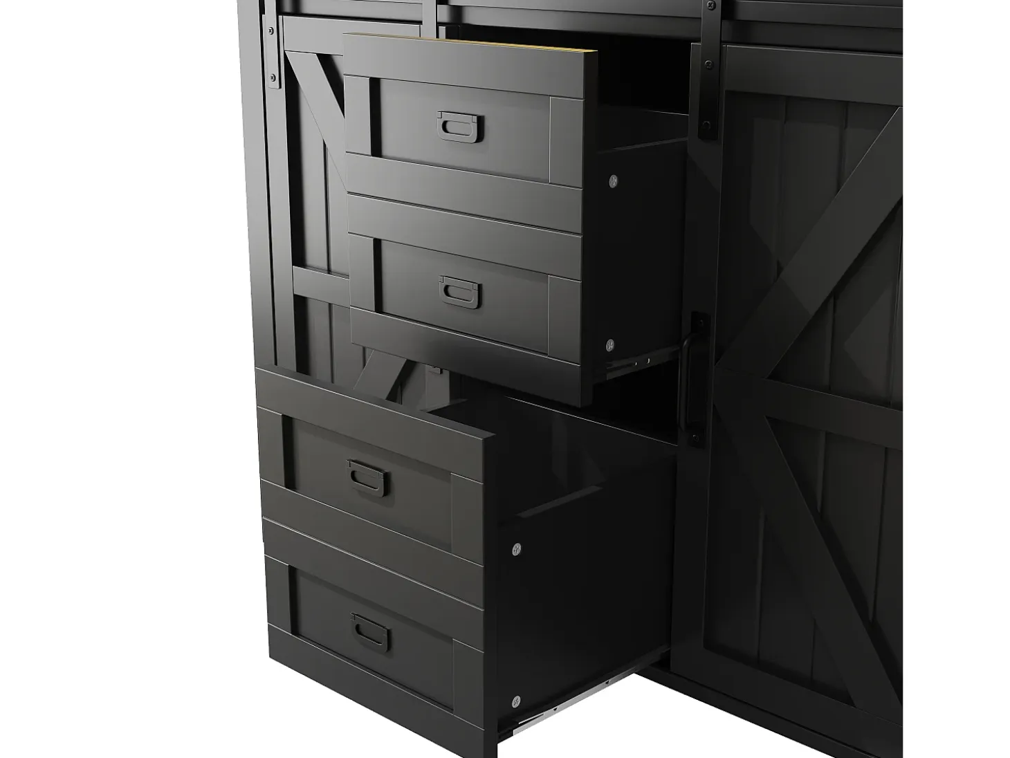 Aparador alto de cocina con puertas correderas, 2 cajones e iluminación LED - Tapa de madera oscura - Negro