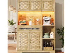 Aparador alto de cocina para salón - 120 x 40 x 180 cm - con 1 cajón + 6 puertas + LED - Cristal + MDF + metal - natural
