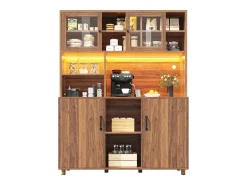 Aparador alto de cocina para salón - 120 x 40 x 185cm - con 4 puertas + LED - estilo retro - MDF + cristal - natural