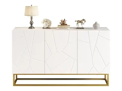 Aparador alto de diseño moderno, MDF, color blanco con acabados brillo, 3 puertas y estantes regulables (130x35x76 cm)