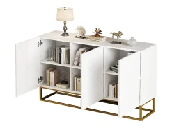 Aparador alto de diseño moderno, MDF, color blanco con acabados brillo, 3 puertas y estantes regulables (130x35x76 cm)