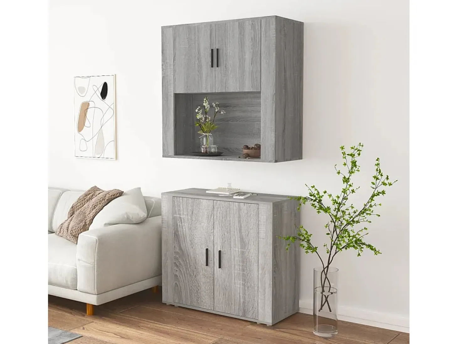 Aparador alto de madera contrachapada gris Sonoma