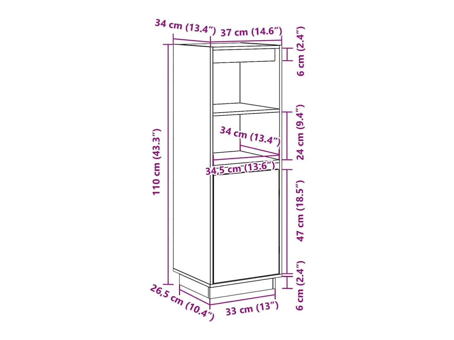 Aparador alto de madera maciza de pino 37x34x110 cm