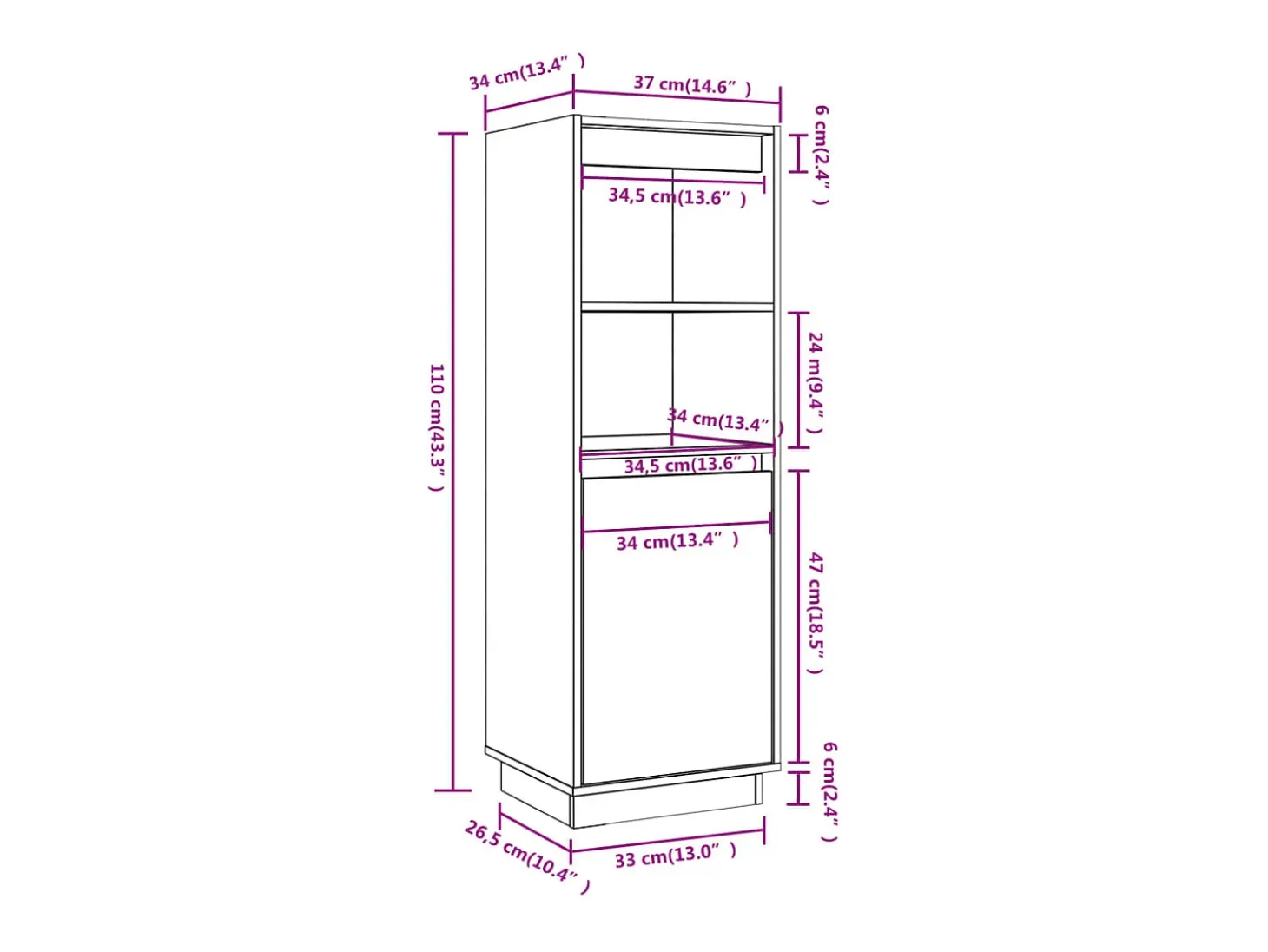 Aparador alto de madera maciza de pino 37x34x110 cm