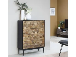 Aparador alto escandinavo de metal y madera de mango Célia, diseño original y patas aéreas