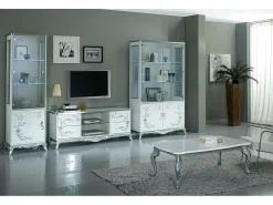 Aparador alto LED Dannie con 1 puerta, madera lacada en blanco y plata