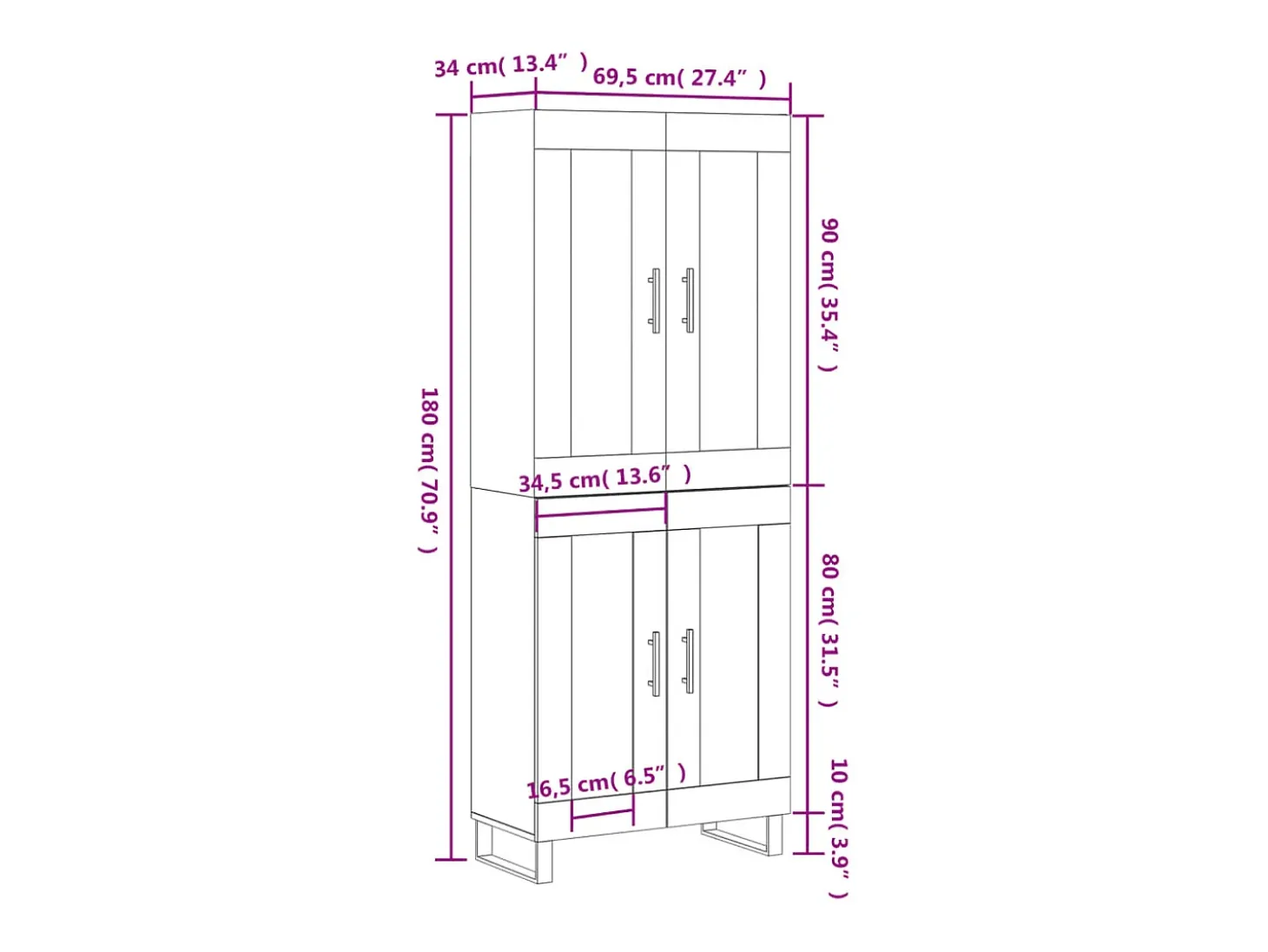 Aparador alto madera contrachapada color roble 69,5x34x180 cm