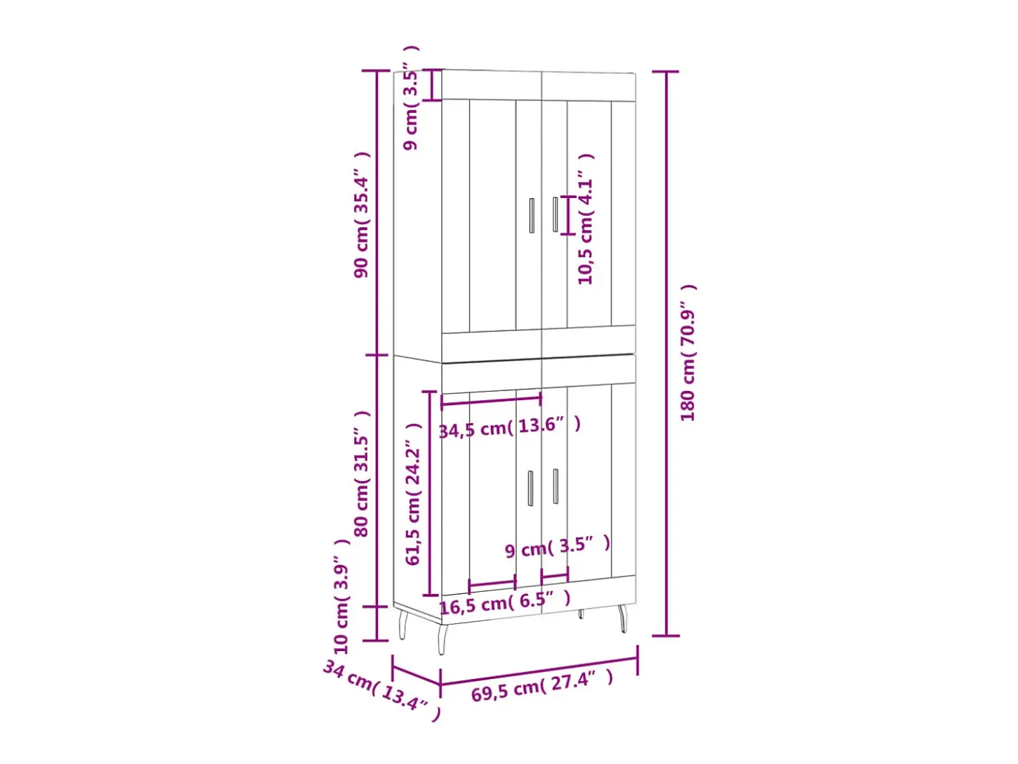 Aparador alto madera contrachapada color roble 69,5x34x180 cm