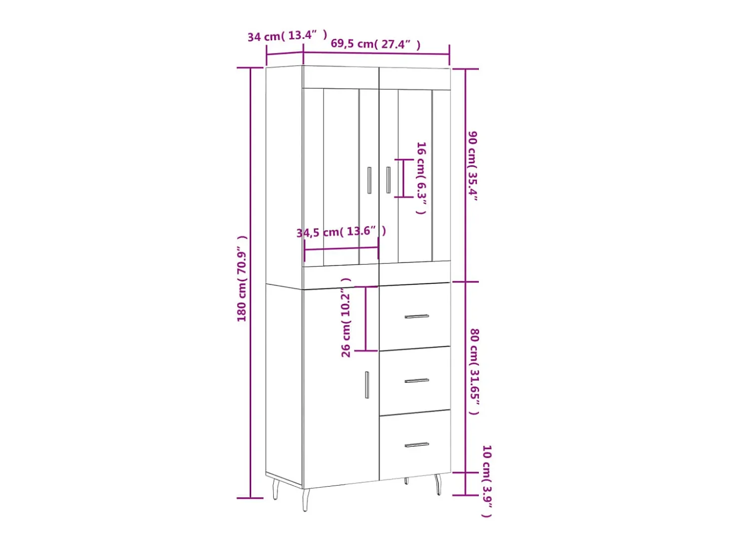 Aparador alto madera contrachapada blanco 69,5x34x180 cm