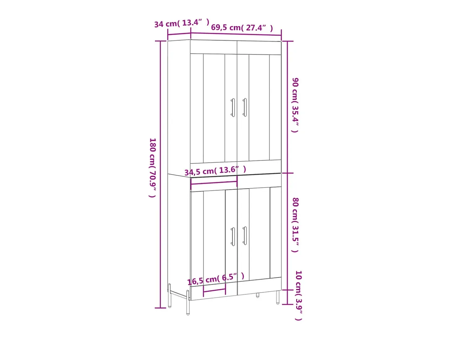 Aparador alto madera contrachapada blanco 69,5x34x180 cm