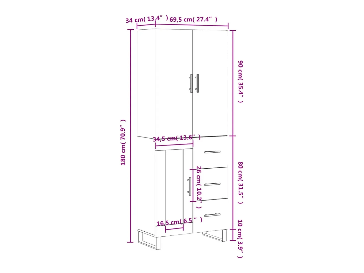 Aparador alto madera contrachapada blanco 69,5x34x180 cm