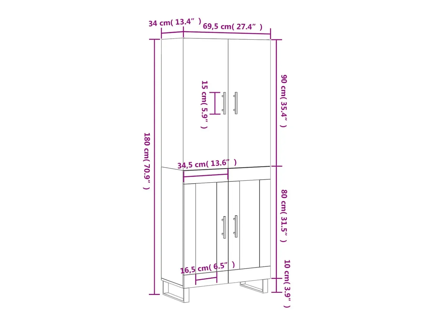 Aparador alto madera contrachapada roble ahumado 69,5x34x180 cm
