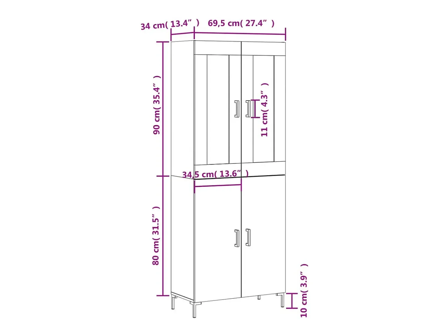 Aparador alto madera contrachapada color roble 69,5x34x180 cm