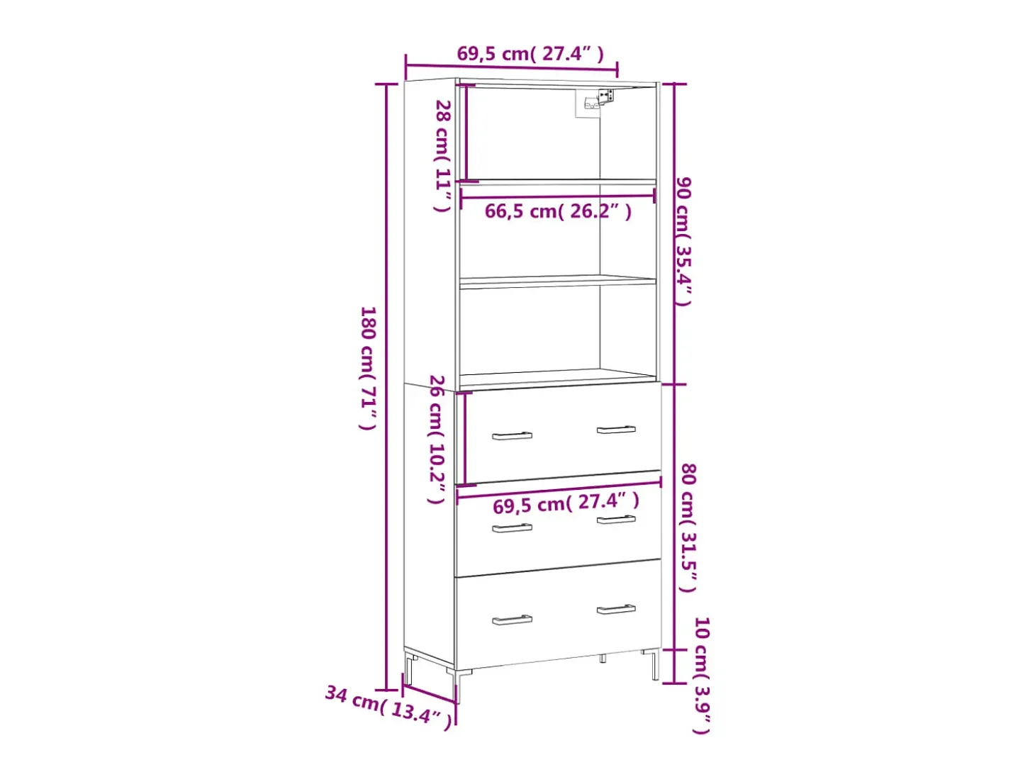 Aparador alto madera contrachapada color roble 69,5x34x180 cm