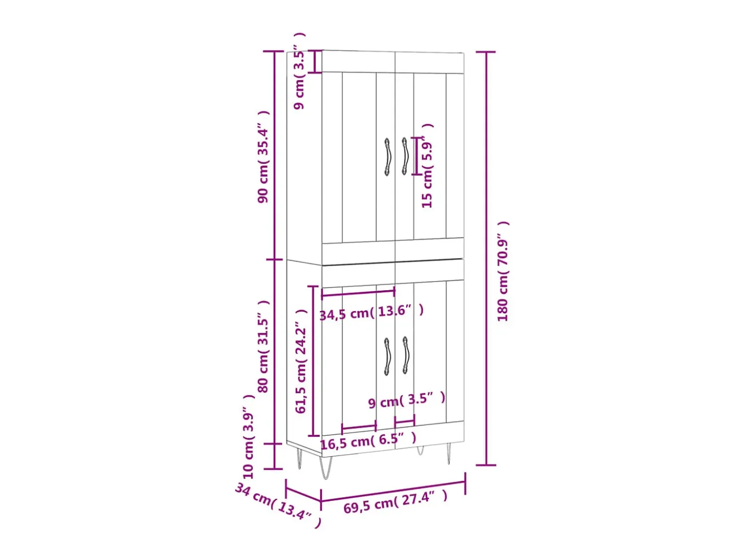 Aparador alto madera contrachapada blanco 69,5x34x180 cm
