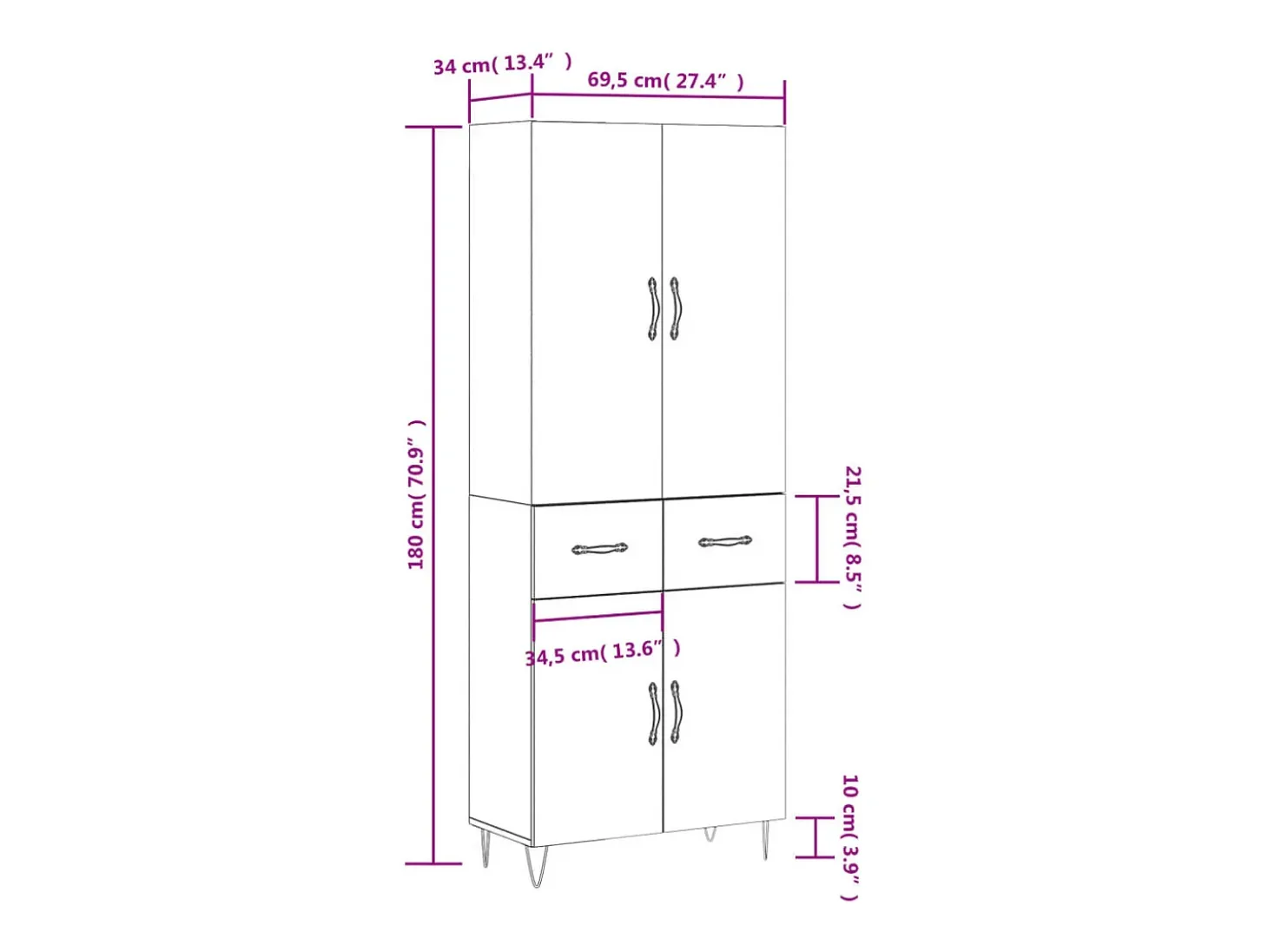 Aparador alto madera contrachapada blanco 69,5x34x180 cm