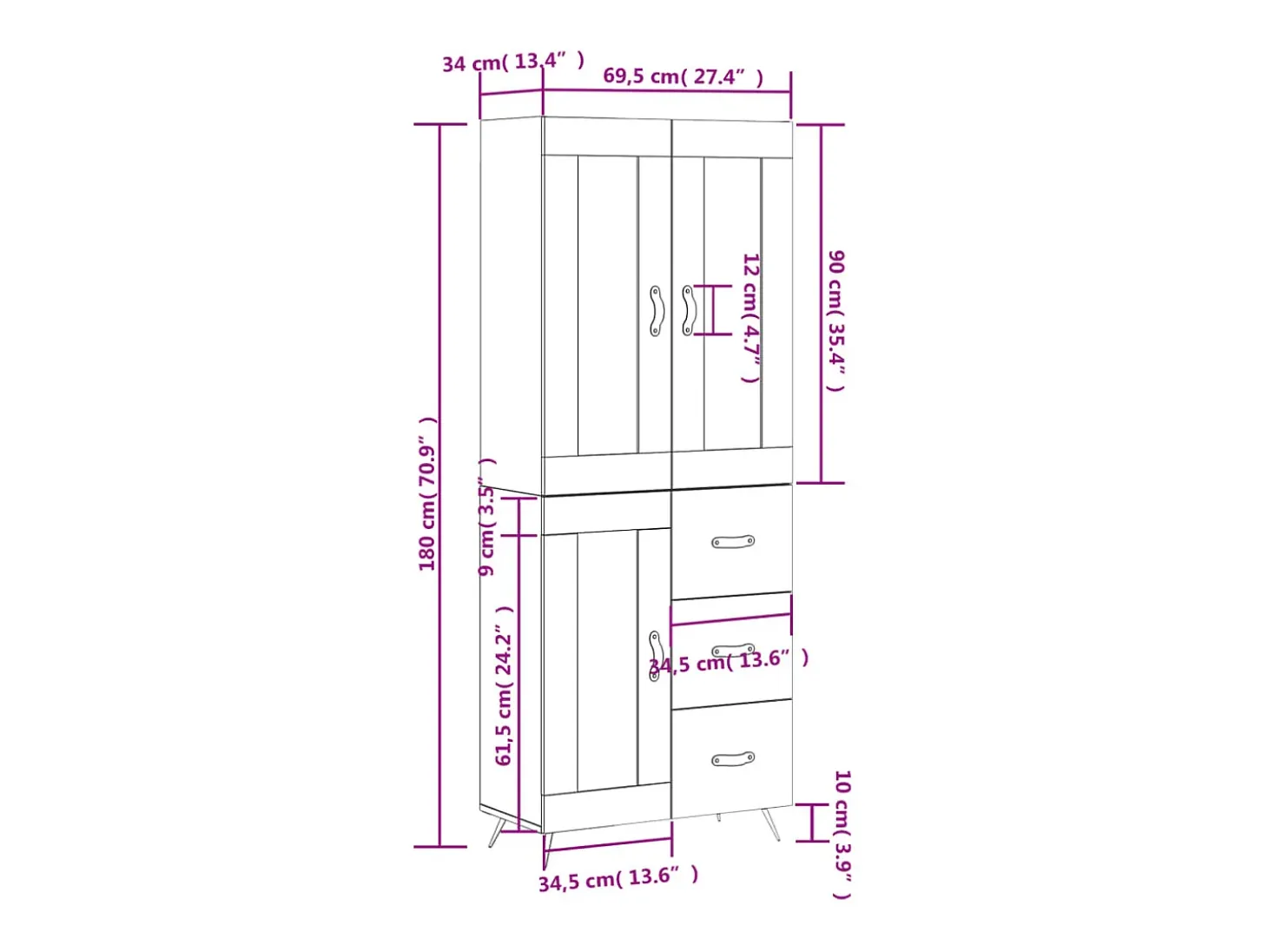 Aparador alto madera contrachapada blanco 69,5x34x180 cm