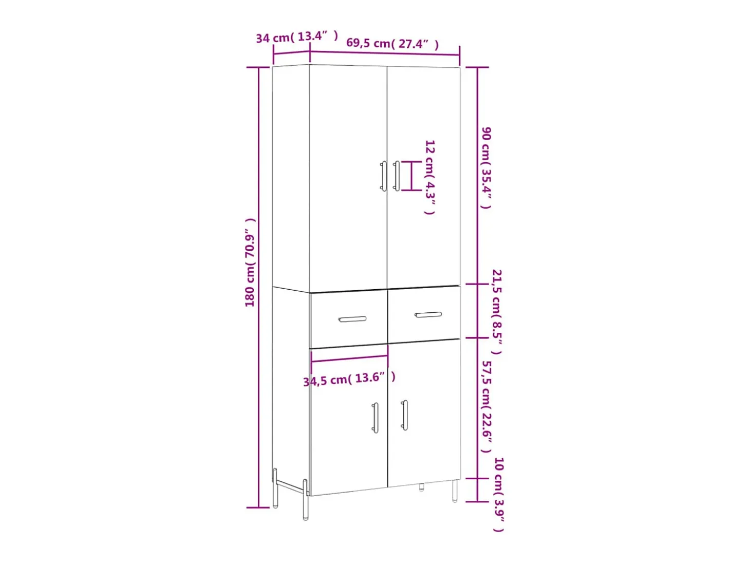 Aparador alto madera contrachapada gris sonoma 69,5x34x180 cm