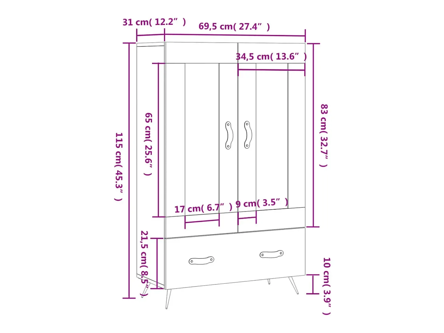 Aparador alto madera de ingeniería gris hormigón 69,5x31x115 cm