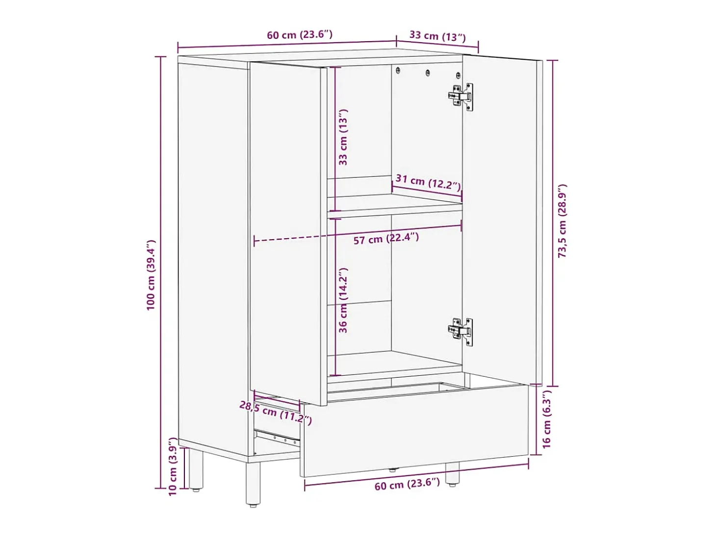 Aparador alto madera maciza de mango marrón 60x33x100 cm