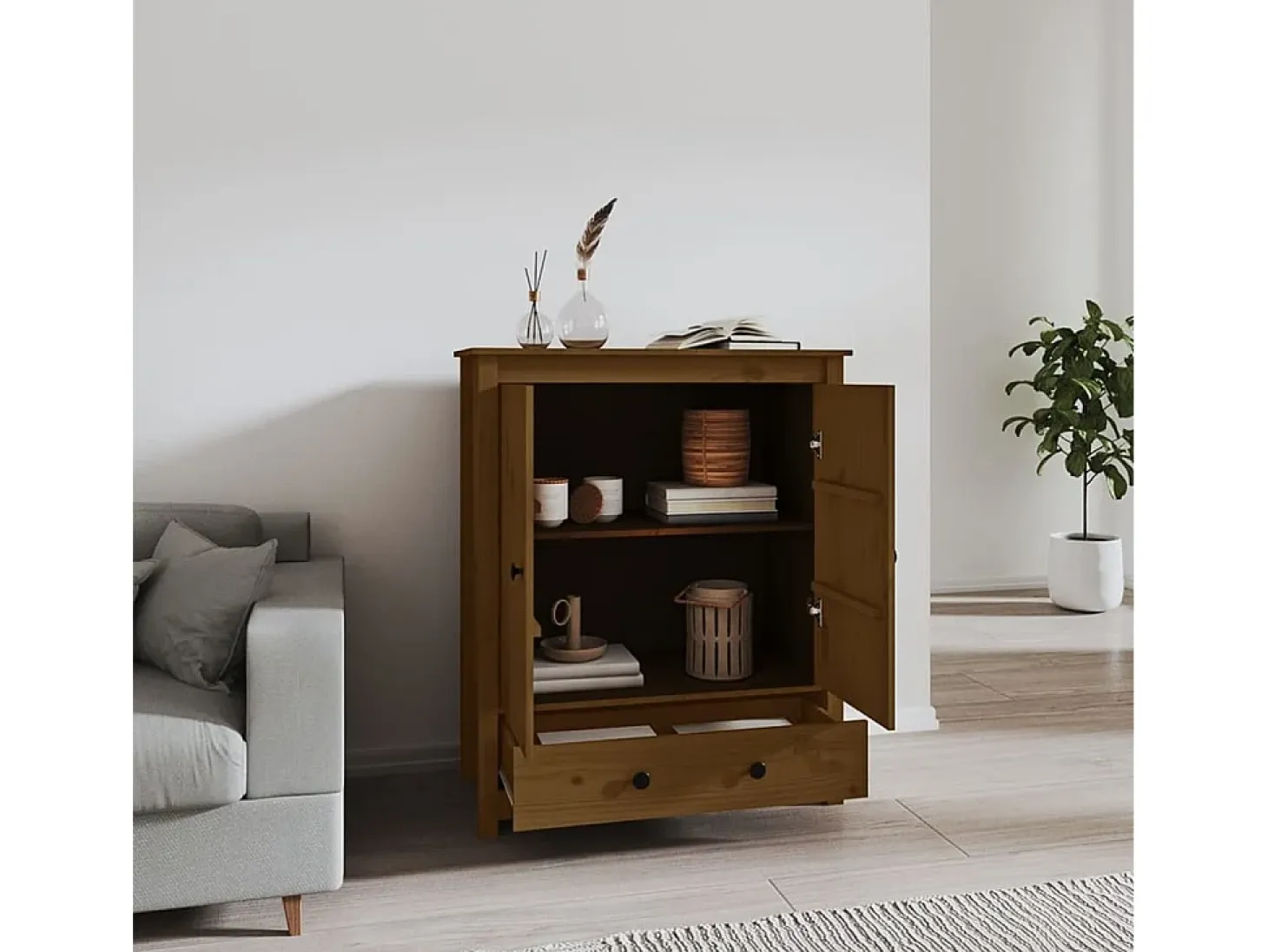 Aparador alto madera maciza de pino marrón miel 83x41,5x100 cm ES14026