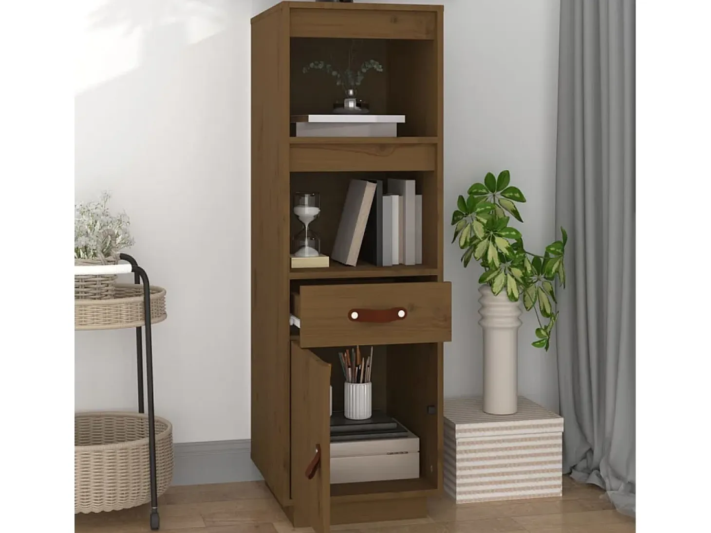 Aparador alto madera maciza de pino marrón miel 34x40x108,5 cm ES27815