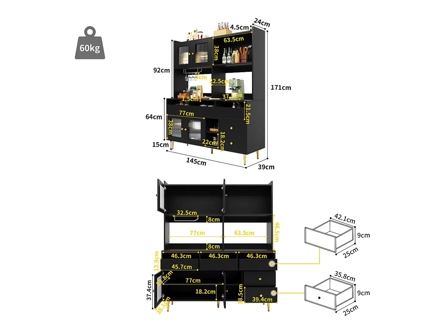 Aparador alto moderno - MDF - almacenamiento de varios niveles - Negro