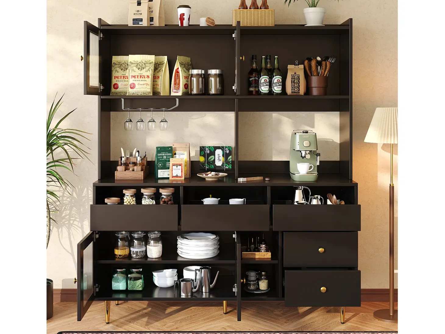 Aparador alto moderno - MDF - almacenamiento de varios niveles - Negro