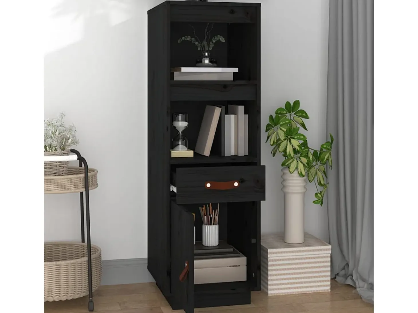 Aparador alto Negro 34x40x108,5 cm Madera maciza de pino