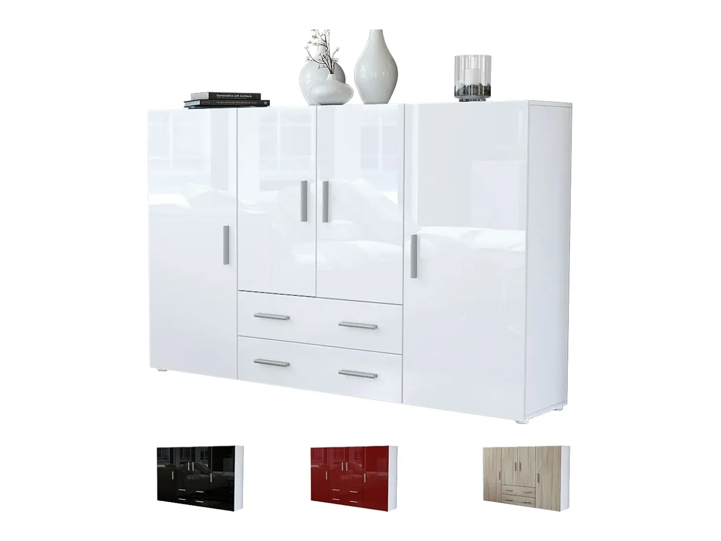 Aparador alto Nora con 2 cajones y 4 puertas con un total de 8 compartimentos detrás, blanco mate/blanco mate (166,5 x 106,5 x 35 cm)