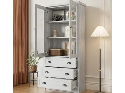 Aparador alto 80x34x171 cm – Símil madera con puertas de cristal, 3 cajones y tiradores de cobre, Gris